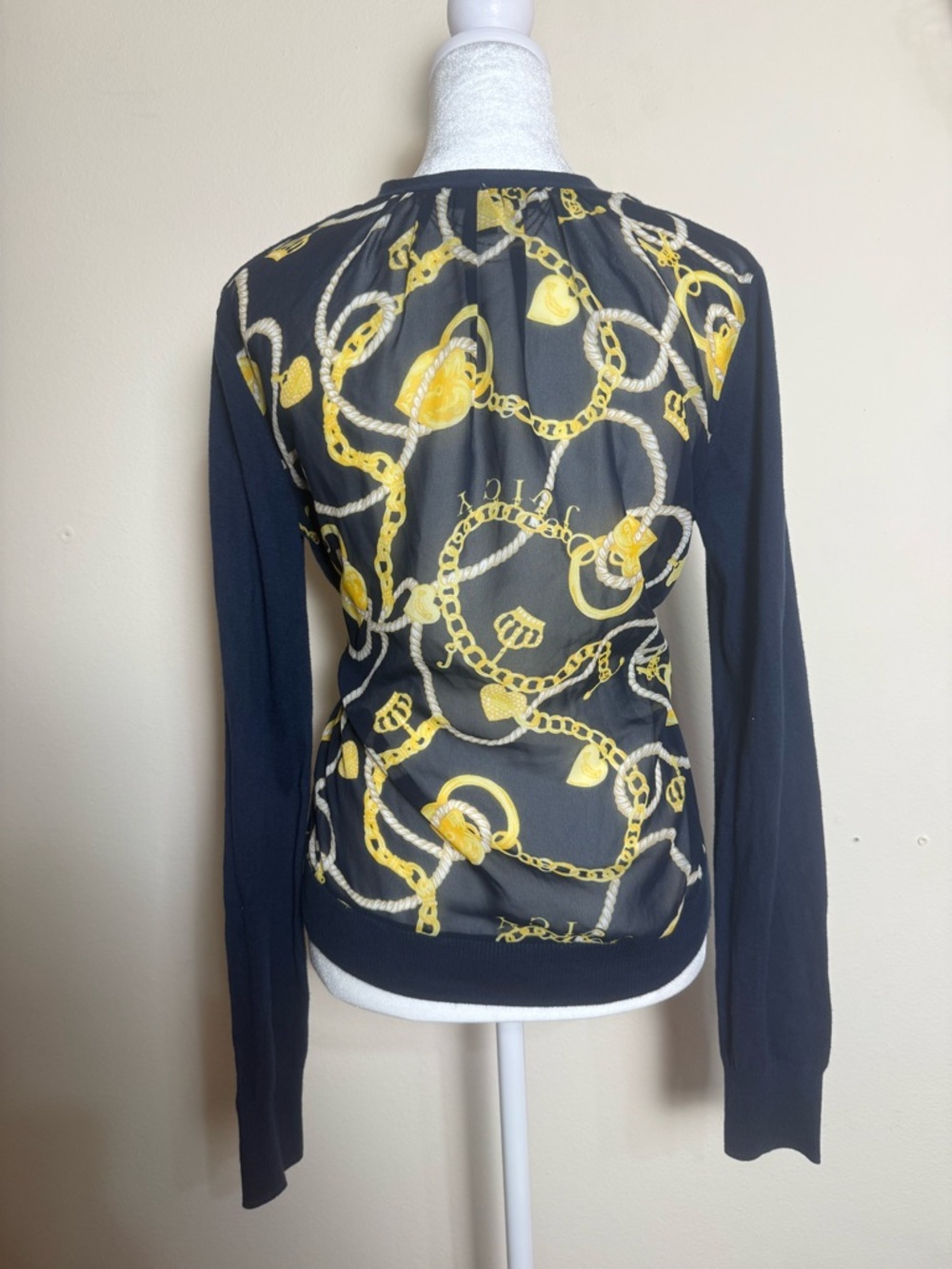 Juicy Couture Navy Sheer Back Cardigan with Yellow Chain Print
